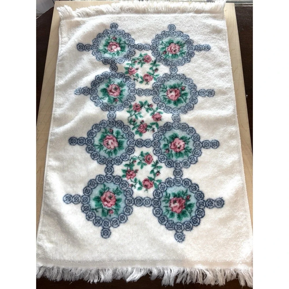Vtg 1980s St Mary's Leshner Hand Towel LOT of 2 Unused Pink Roses Blue Scroll